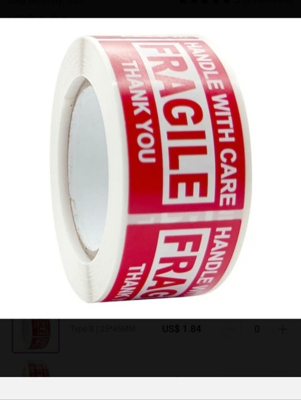 "Fragile-Handle with Care" Roll of Stickers (2 Inches Each), NIP